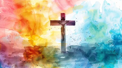 Watercolor cross with a sunny background - A calming yet vibrant watercolor of a Christian cross against a sunny, multi-hued background