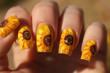 Vibrant yellow sunflower-inspired nail art with detailed petals and brown centers