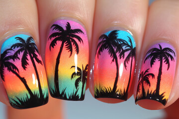 Colorful manicure inspired by tropical sunsets and silhouetted palm trees, perfect for summer vibes