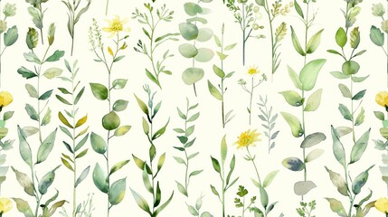 Soft watercolor herbs, minimalist pattern, tile - obrazy, fototapety, plakaty