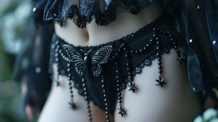 close up lingerie and underwear fashion portrait, pretty girl wearing sexy black lace panties decorated with butterfly pearls and glitter, fantasy fairytales atmosphere, Generative Ai