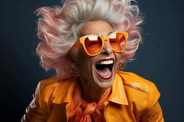Happy funny senior woman in orange sunglasses