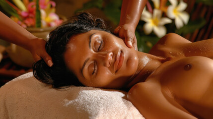 A woman enjoys a tranquil massage surrounded by tropical flowers during a serene spa session at dusk