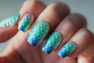 Close-up of hand showcasing nails painted with shimmering blue mermaid scale pattern