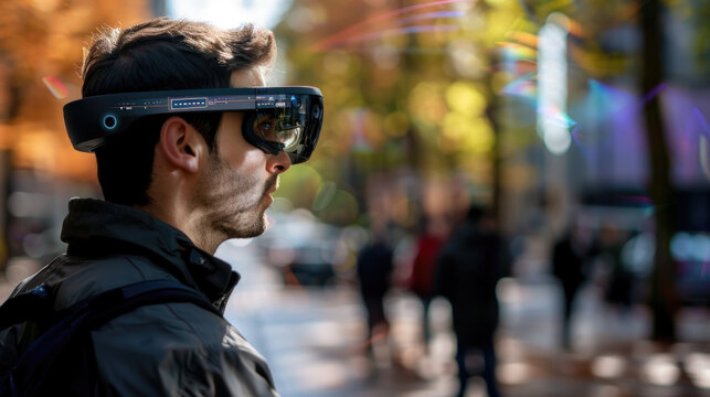 A young man is exploring urban surroundings with high-tech augmented reality goggles, merging digital information with the real world