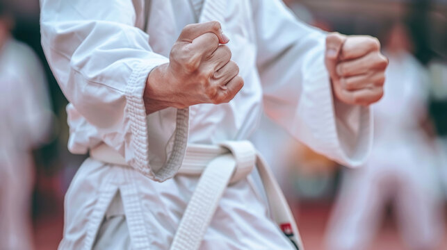 A person wearing a white kimono holding a white belt in their hands