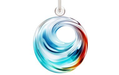 A vibrant blue, red, and white swirl design gracefully hanging from a metal hook