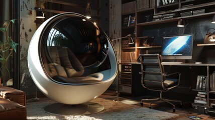 Futuristic egg-shaped chair with modern tech - An ultra-modern, egg-shaped chair set in a contemporary room with high-tech equipment, ample shelving, and a sleek interior - obrazy, fototapety, plakaty
