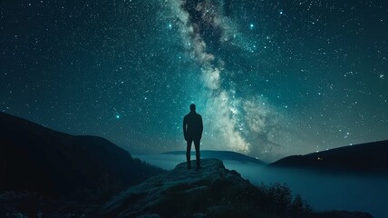 Silhouette of a lone man against milky way - An atmospheric image capturing a solitary figure overlooking a serene landscape under the Milky Way galaxy - obrazy, fototapety, plakaty