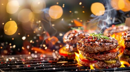 Burgers cooking on grill with flames - Juicy gourmet burgers grilled to perfection, garnished with fresh ingredients against a backdrop of bright flames - obrazy, fototapety, plakaty
