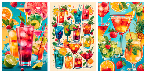 Summer cocktails illustration collage with collection of cocktails theme banners related to citrus fruits and alcohol. collage of flat style backgrounds with cocktails illustrations posters vector