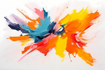 A modern, abstract painting with bold brush strokes in vivid colors, mounted on a clean, white wall, isolated on white solid background