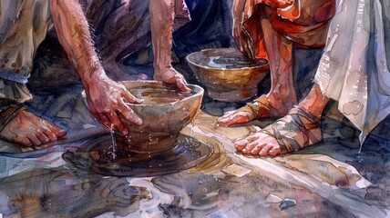 Close-up of hands washing during biblical scene - This close-up showcases the intimate act of foot washing with a focus on hands and water bowl details - obrazy, fototapety, plakaty