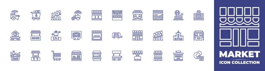 Market line icon collection. Editable stroke. Vector illustration. Containing podium, basket, food stall, shoes, shopping cart, stand, market research, labour market, market, caravan, food cart.