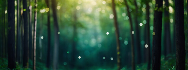 Abstract blur bokeh banner background. Emerald bokeh on defocused forest green background.