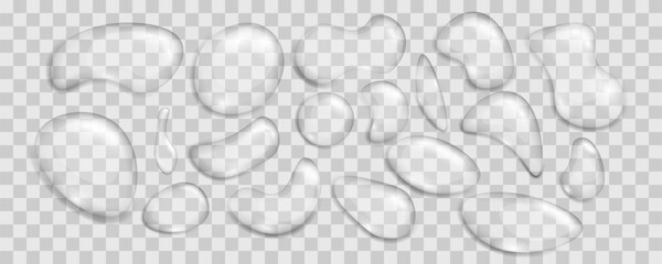 Set of condensation bubbles or realistic drip, H2O element and water splash. Realistic transparent drops water of various shapes. Theme Humidity and transparency. Vector illustration, - obrazy, fototapety, plakaty