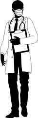 Silhouette doctor man medical healthcare person. In a lab coat and PPE mask holding a clipboard.