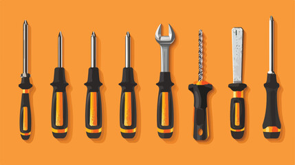 Set of screwdrivers on orange background flat lay Fla