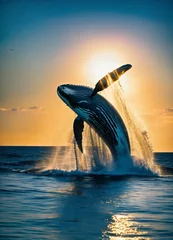 Fotobehang National Geographic award winning drone photograph of a humpback whale spraying and spouting water above the surface, Exciting movement, bright light, film grain, lens flare, bright morning sky, Kodac © farah