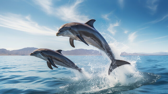 Beautiful bottlenose dolphins jumping out of sea