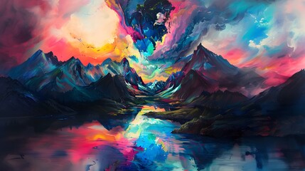 Abstract watercolor Mountain background Painting. Features a captivating abstract painting of mountain peaks with a rich tapestry of colors ranging from deep blues and purples to fiery reds and orange - obrazy, fototapety, plakaty