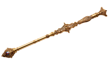 A gold colored sword with an intricately designed handle