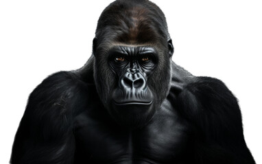A serious gorilla looks directly at the camera with a penetrating stare