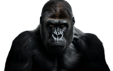 A serious gorilla looks directly at the camera with a penetrating stare