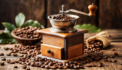 Close-up of an old manual coffee grinder made of metal and wood with roasted coffee beans on a...