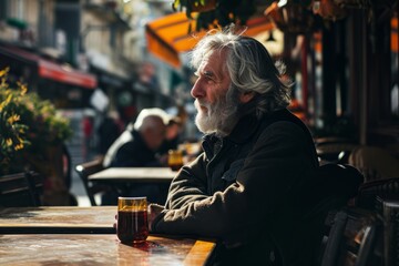 Old man sitting in a street cafe with a glass of beer.