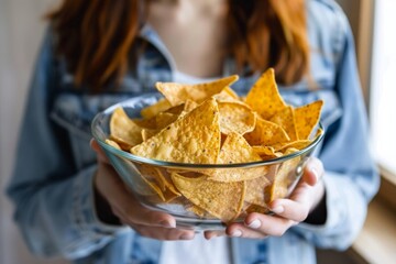 Unrecognizable mexican woman holding a transparent bowl of tortilla chips nachos