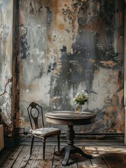 Home decor concept with vintage table and chair, ideal for advertisement banners, nostalgic and elegant
