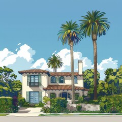 Fototapeta na wymiar Illustration of a San Diego style house with large windows and shutters. Set among palm trees green trees and lively flowers