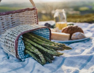A picnic basket lid slightly ajar, revealing a bunch of raw asparagus among other picnic treats, set on a blanket in a sunny park