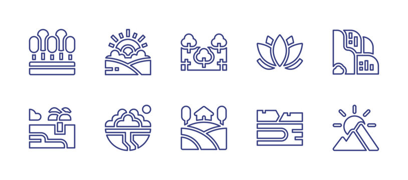 Nature line icon set. Editable stroke. Vector illustration. Containing sunrise, lotus, house, mountains, earth, forest, waterfall, lake, beach, trees.