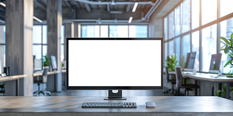 Modern office workspace with blank computer screen, Blank computer screen mockup with clean office backdrop - obrazy, fototapety, plakaty