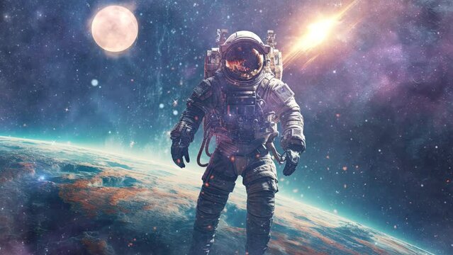 Video of astronaut - man or woman in suit with helmet, cosmic gas