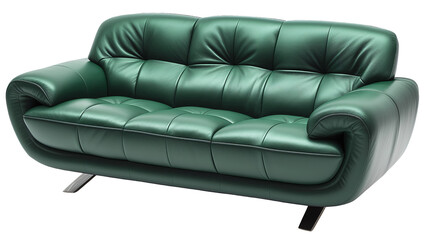 deep green leather modern luxury sofa. couch for interior design of Modern living room, Metal legs, isolated transparent png cutout