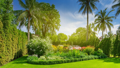 Fototapeta premium Beautiful garden with flowers in summer