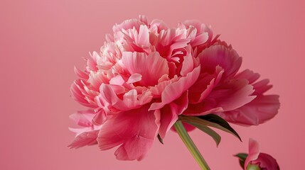 A close-up of a peony, with its pink petals and green stem, against a pink background.
