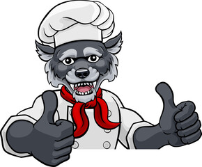 A wolf chef mascot cartoon character peeking round a sign and giving a thumbs up