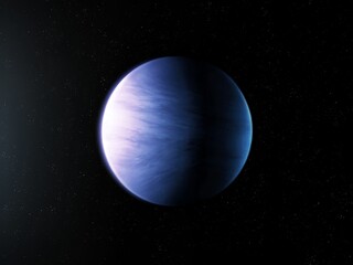 Habitable Earth-like planet with clouds and liquid water. Realistic exoplanet with atmosphere in space. Extrasolar exoplanets in blue tones.