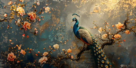 Colorful Peacock on Branch with 3D Floral Mural Backdrop