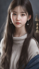 A young Asian girl with long hair and earrings wearing a white youth sweater