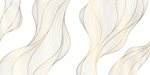 Vector gold line wave background, abstract luxury elegant pattern. Glitter flow japanese style shape, river, sea cover. - 774775766