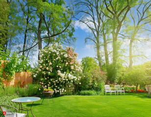 Obraz premium Beautiful garden with flowers in summer