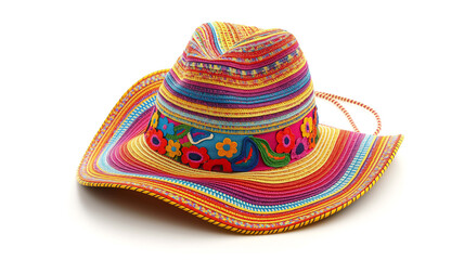 Colorful woven hat with floral band and rope on white background.