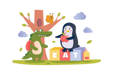 Word game concept with character scene in flat cartoon design. A little crocodile and a penguin play a fun educational word game. Vector illustration.