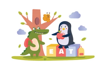 Fototapeten Word game concept with character scene in flat cartoon design. A little crocodile and a penguin play a fun educational word game. Vector illustration. © Andrey