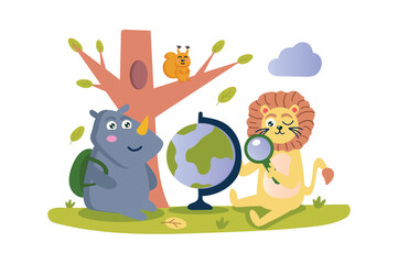 Geography lesson concept with character scene in flat cartoon design. A rhinoceros and a lion have fun learning geography with the help of a globe. Vector illustration.